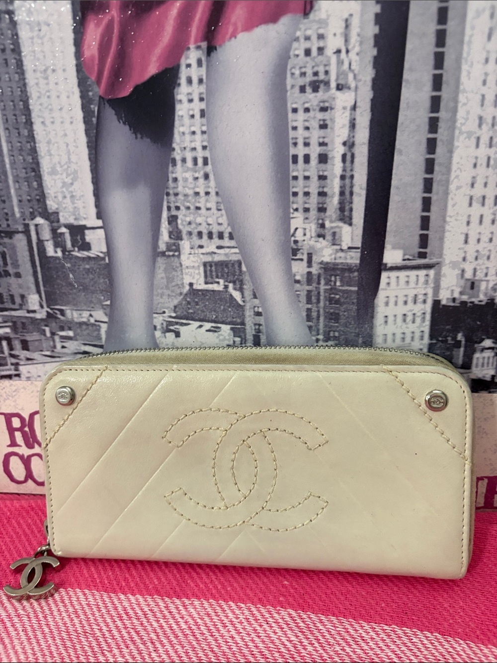 CHANEL Cream Quilted Zip Wallet with CC Logo
